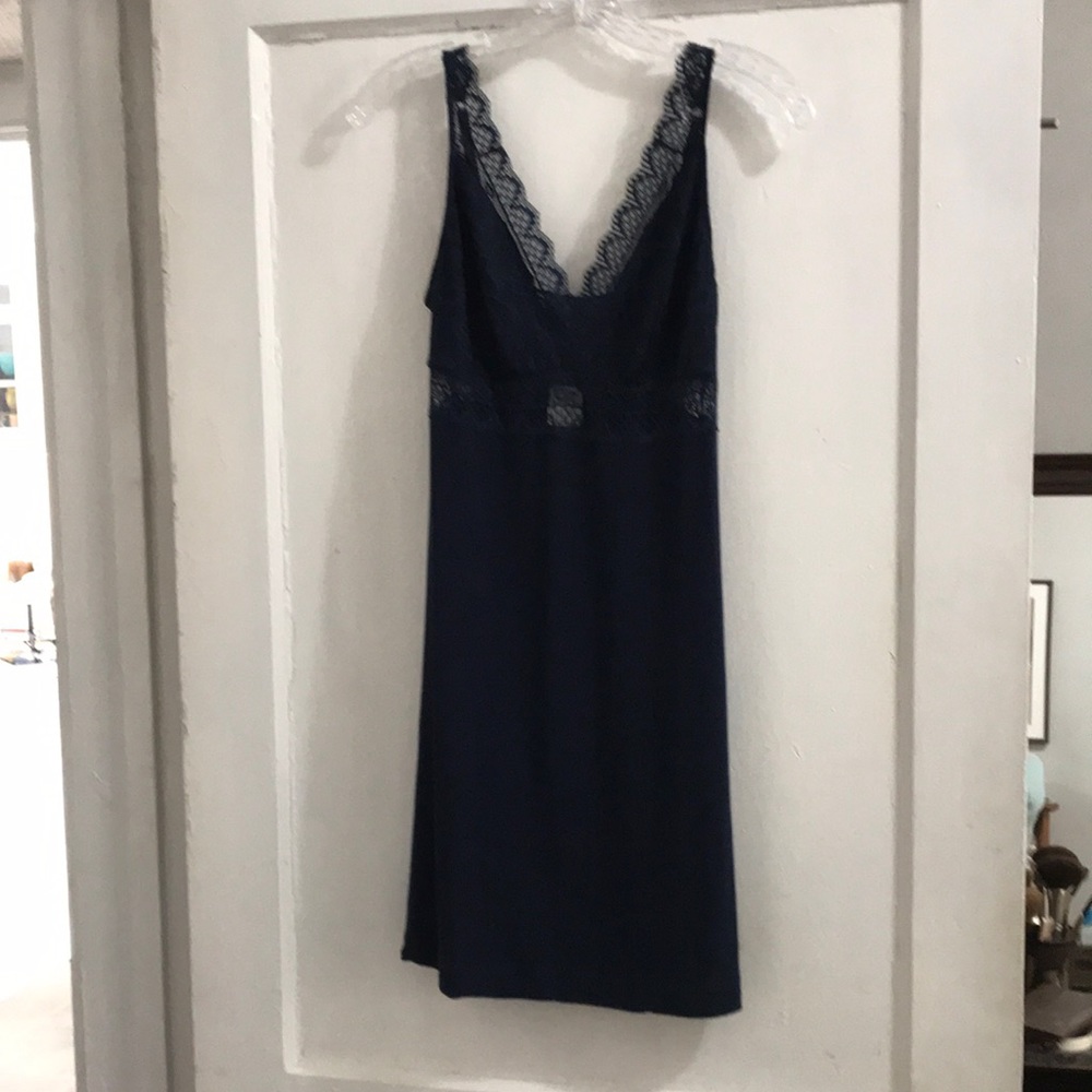 Sexy, elegant navy nightgown with lace detail on front & back. Size S, SOMA.